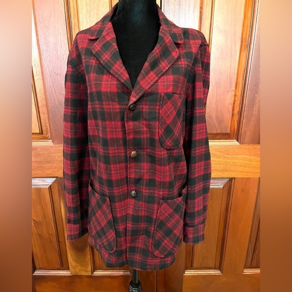 Vintage Pendleton Tartan Plaid 100% Wool Blazer Jacket Men Small Red & black